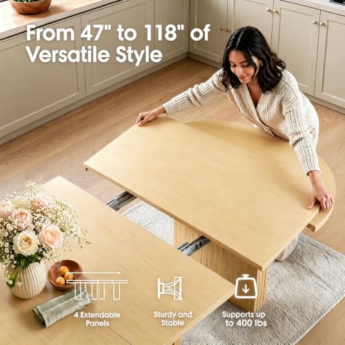 Image of 47in-118 in Extendable Dining Table for 4-12, Oval Expandable Kitchen Table | 5 Adjustable Lengths, Large Extra-Long Design, Natural Wood Grain Finish, Dual Hidden Storage Pedestal, Fluted Sliding Doors