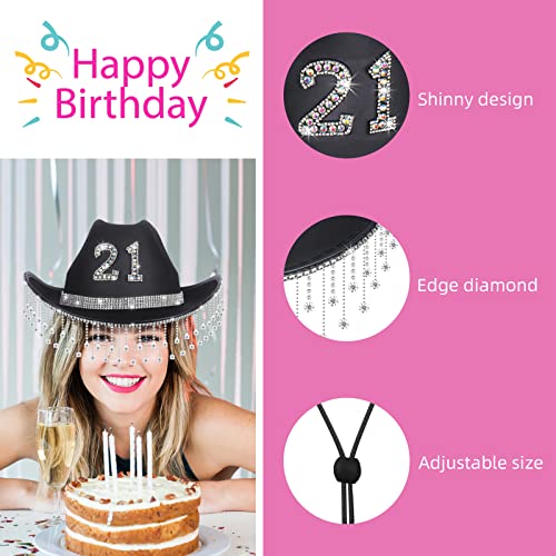 JUSTOTRY 21st Birthday Black Cowboy Hat - 21ST Birth Day Outfit Gifts for Women Cowgirl Hats with Wide Brime for 21st Birthday Decorations2