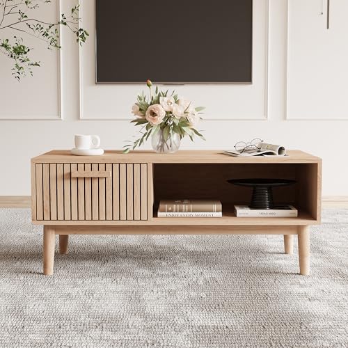 BEIJIALY Table Basse Salon, Style Scandinave, Tables De Salon Rangement avec Tiroir Compartiment Ouvert, Petit Meuble TV, Salle De Réception Chambre Bureau...