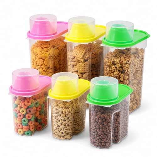Image of Basicwise Set of 3 Large 2.5-Liter and 3 Small 1.9-Liter Airtight Food Storage Containers Easy-Pour Spouts & Measuring Cup Lids for Flour Sugar Cereal Snacks & Pantry Staples in Green Pink & Yellow