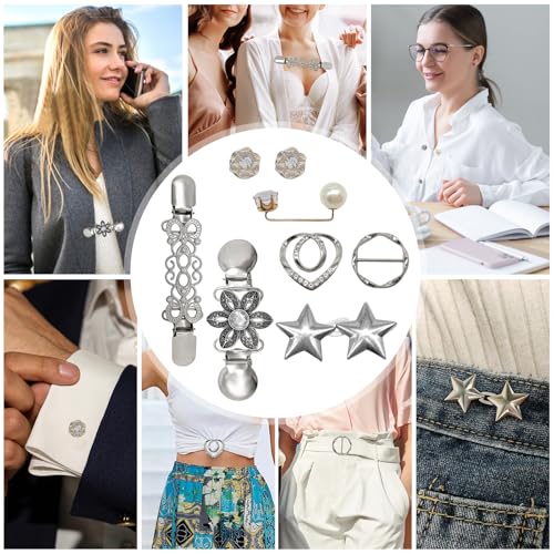 Image of 10Pcs Waist Brooch Pins Dress Back Clips T-shirt Tie Clips Waist Cincher Tightening Waistband Cardigan Clip Vintage Sweater Shawl Clips Decorated Safety Pins Collar Brooch for Women Girls Wearing