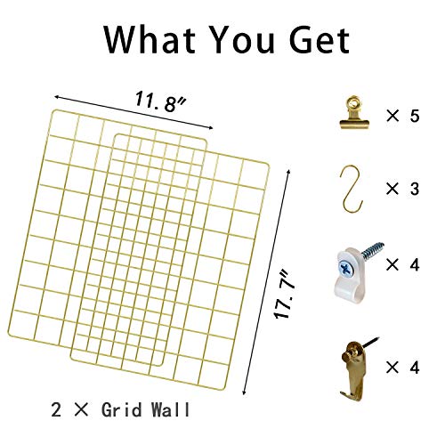 FRIADE Wall Grid Panel for Photo Display,Wall Storage Organizer,5 Metal Clips & 3 S Hooks & 4 Nails & 4 Plastic Hanging Buckles and 4 Screws Offered,Size 17.5\" x 11.8\",2 Pack(Gold) - Thumbnail 2
