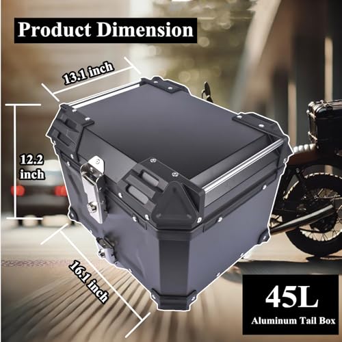 GLOSSY AUTO PARTS Schwarzer 45L Universal-Motorrad-Topcase, wasserdichte Aluminium-Motorrad-Kofferraum-Topbox, Dual-Key Storage Carrier Case, Kofferraum Tour Tail Box für Store Helm