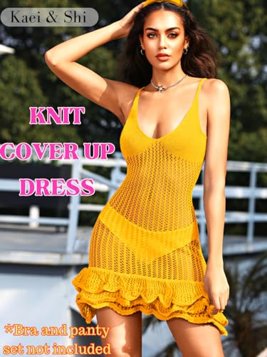 Kaei&Shi Crochet Beach Cover Up,Fishnet Frilly Mini Dress,V Neck Swimsuit Pool Party Outfits for Women Vacation Night Out2