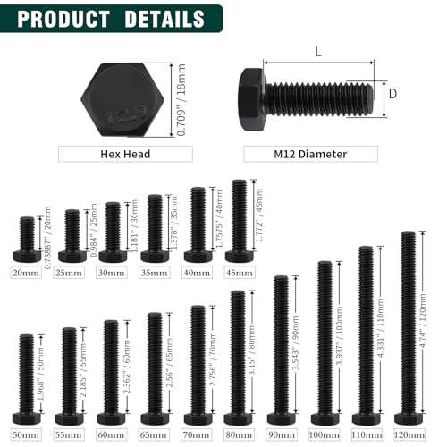 Image of M12-1.75 x 60mm Hex Bolts, 12.9 Grade Alloy Steel, Black Oxide Finish, Full Thread, Coarse Thread UNC, Hexagon Head Bolts 8 PCS