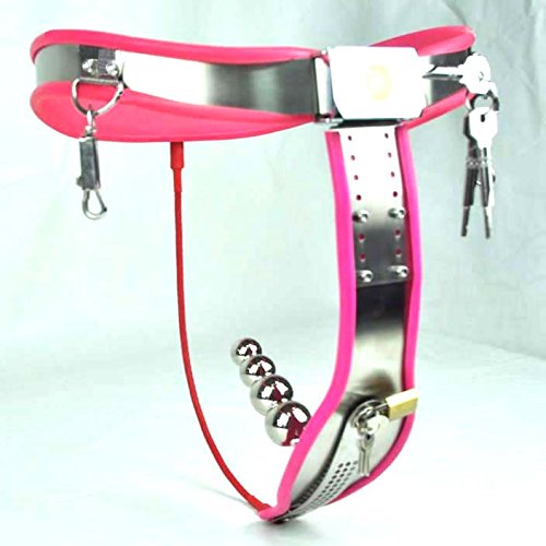 Female Chastity Belt - Metal, Silver & Pink, Removable Metal Vaginal Plug