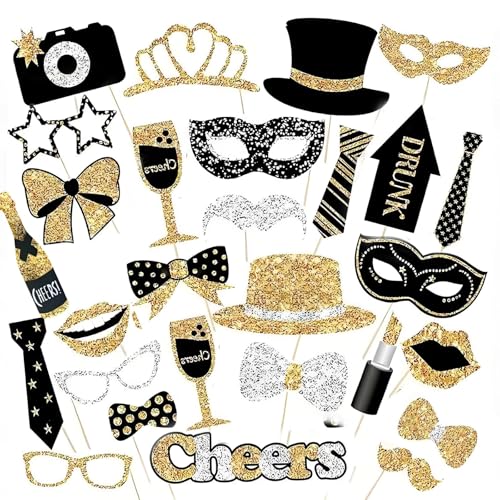 iuiiaii - 30 Pcs Party Photo Booth Props Kit, Assorted Photobooth Props (Like Hats Tie Props) for Birthday,New Years Eve Celebrations Marriage and Family Gathering Events New Years Eve Decorations
