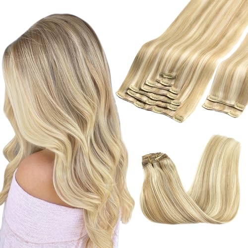 Image of GOO GOO Clip in Hair Extensions Real Human Hair, Remy Human Hair Extensions Clip ins for Women, Natural Human Hair, 22inch 150g 9Pcs, 18A /613A Dark Blonde Highlighted Bleach Blonde