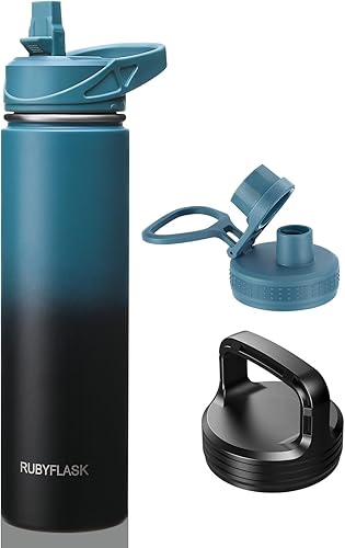 Miniatura 15 de Botella de agua aislada de 40 onzas con popote, termo de acero inoxidable con vacío, botella de agua térmica grande con 3 tapas a prueba de fugas