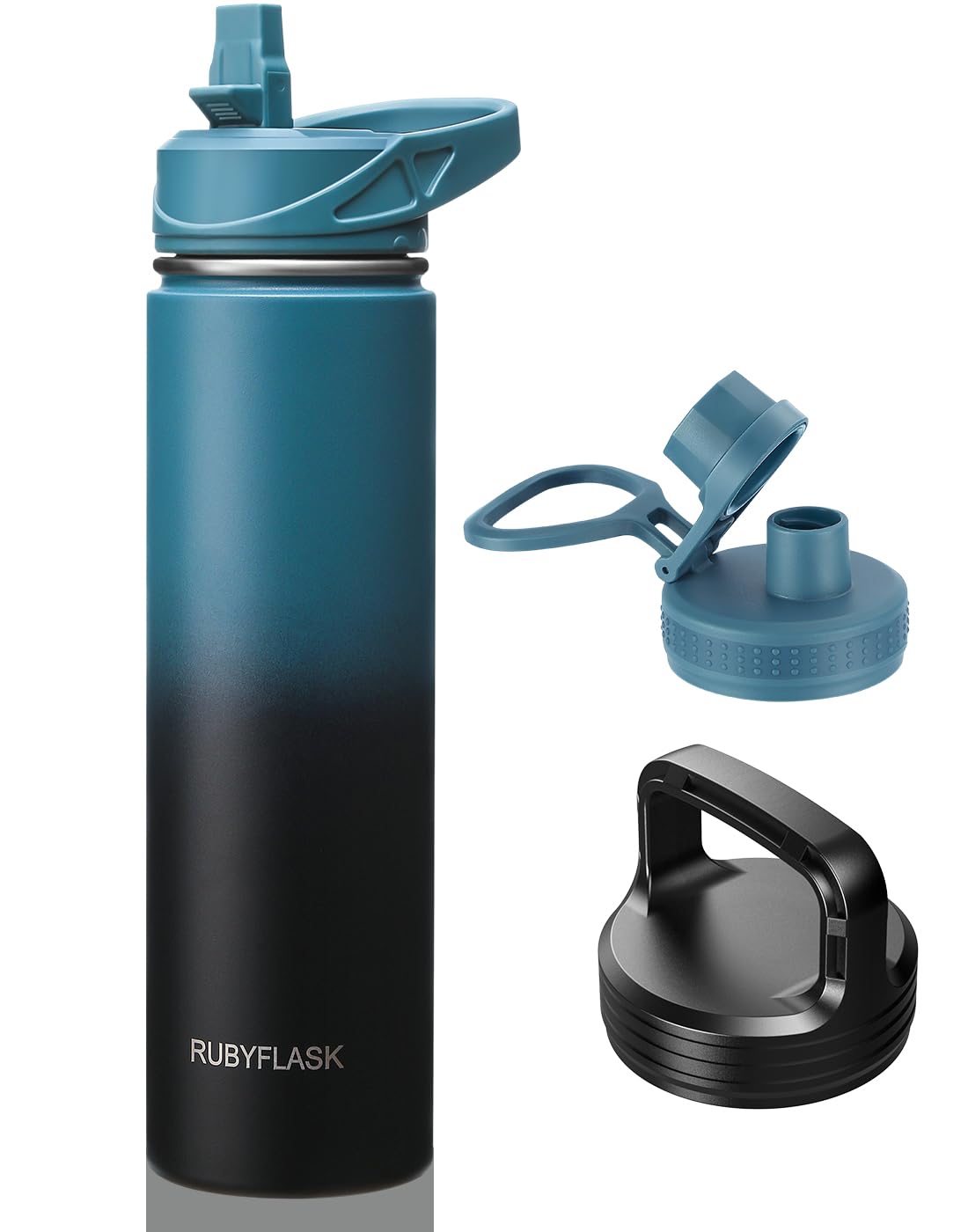 24oz Insulated Water Bottle with Straw, Stainless Steel Metal Vacuum Water Flask, Large Thermal Water bottle with Leakproof 3 Lids for Travel, Camping, Gym Sports Indigo Black