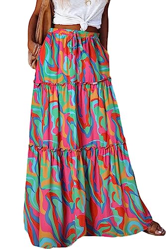 Trendy Lightweight Drawstring Tiered Ruffles Paisley Hippie Plus Size Bohemian Long Maxi Skirt with Deep Pockets Office Music Festival Travel Picnic Dating Fall Outfits Multicolor Abstract Wave M