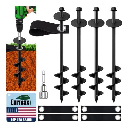 Image of Eurmax USA 4 Pack Universal Ground Anchors High Wind, Heavy Duty Screw-in Trampoline Stakes with 4 Straps, Upgraded Commercial Anchor Kit for Outdoor Sheds, Swing Sets & Mobile Homes (Black)