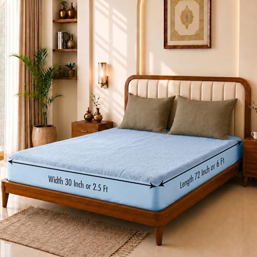 Image of Glassiano Cotton Feel Terry Ultra Soft Waterproof Mattress Protector | Breathable - Hypoallergenic Mattresses Cover with Elastic Strap for Single Bed (72x30 inch|6x2.5 feet, Blue - Pack of 1)