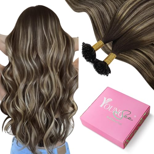 YoungSee Extension Cheveux Naturel Keratine Marron Balayage 55cm Extension de Cheveux Humain Kératine Chatain Foncé Ombre Blond Cendré Extension a Chaud...