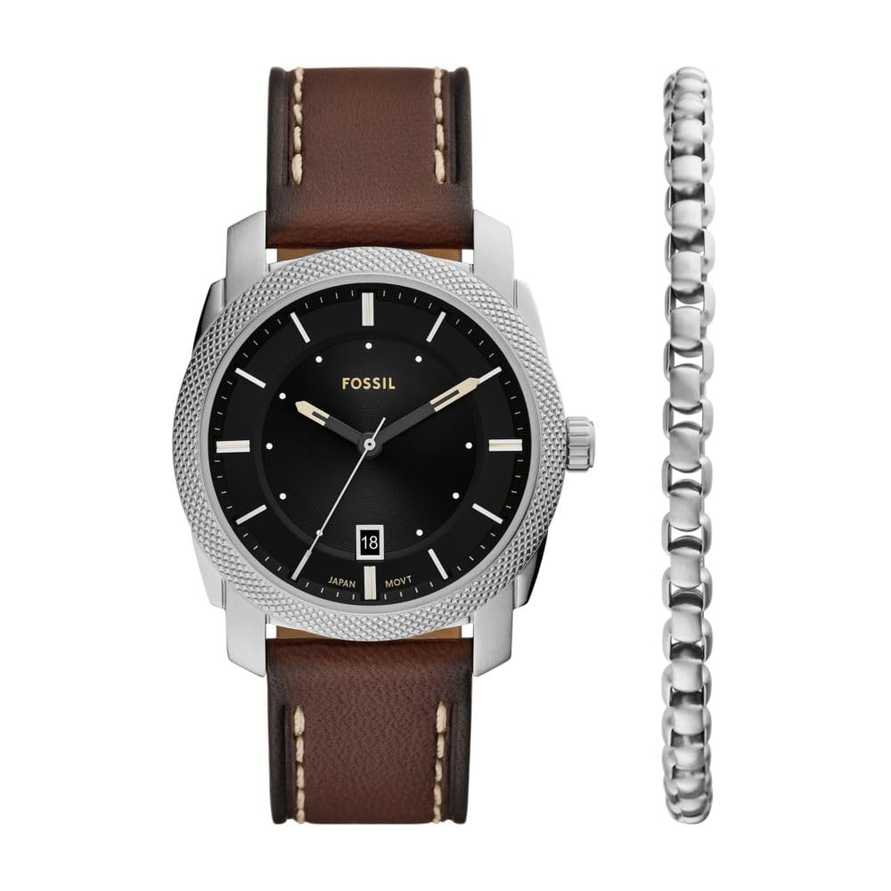 Fossil Men's Machine Quartz Stainless Steel Three-Hand Watch Brown Leather/Silver/Bracelet Set 42MM
