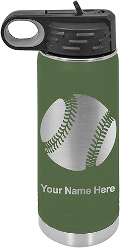 LaserGram Botella de agua de doble pared abatible de 20 onzas con pajilla, pelota de béisbol, grabado personalizado incluido (verde camuflado)