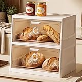 chufa Bread Box for Kitchen Counter, 2-Tier Large Capacity with Clear Window, Adjustable Vent Dials, Bamboo Trays & Cutting Board, Metal/Wood Bread Storage Bin for Countertop (White)