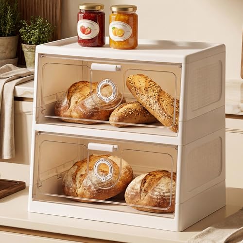 chufa Bread Box for Kitchen Counter, 2-Tier Large Capacity with Clear Window, Adjustable Vent Dials, Bamboo Trays & Cutting Board, Metal/Wood Bread Storage Bin for Countertop (White)