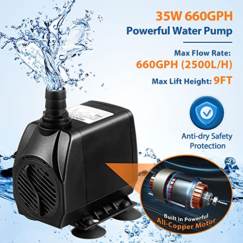 2 Pack 35W 660Gph Powerful Submersible Aquarium Water Pump, 2500L/H, Quiet Adjustable Fountain Pond Water Pump, 3 Nozzles 9Ft High Lift For Fish Tank Pond Hydroponics Statuary, 6.5Ft Power Cord #TOP1