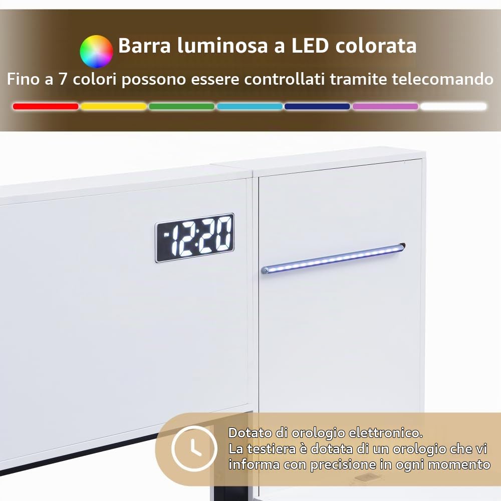 Struttura letto 180x200 con rete a doghe, letto con comodini integrati, letto matrimoniale in legno con porta USB e LED, orologio elettronico, senza materasso, bianco