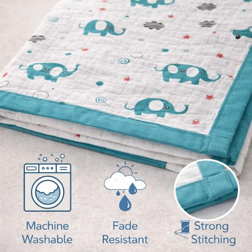 Image of Baby Muslin Blanket for Newborn | 4-Layer Crinkled Cotton Muslin Blanket | Soft, Breathable, Lightweight All-Season Baby Blanket (100 X 100 cms) | 0-2 Years | Elephant Design