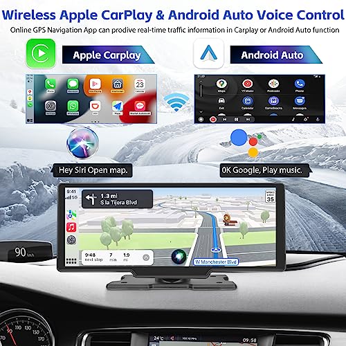 CAMECHO Wireless Apple Carplay Portable Car Stereo Android Auto, 10.26 Inch HD IPS Touch Screen Carplay Screen for Car, Portable Radio Receiver with Voice Control GPS Bluetooth FM AUX 32G TF Card