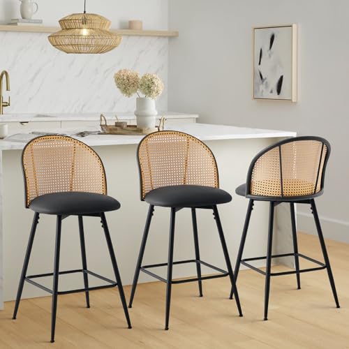 Bekrvio Black Bar Stools Set of 3, Swivel Counter Stools with Rattan Back & Metal Legs, 26' PU...