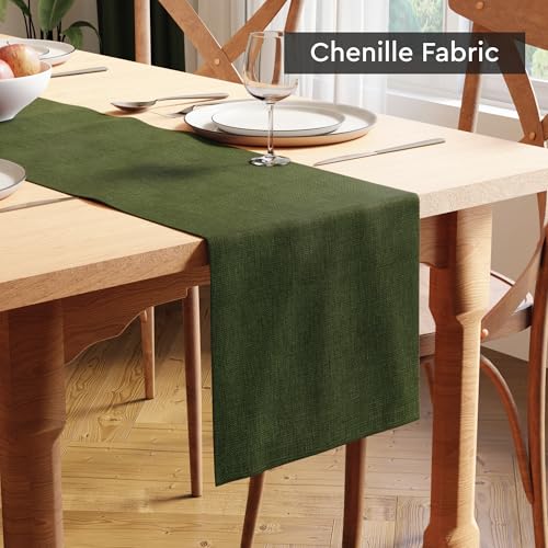 Image of Encasa XO Dining Table Runner for 4 to 6 Seater | 28x150 cm | Moss Green | Chenille Fabric | Machine Washable