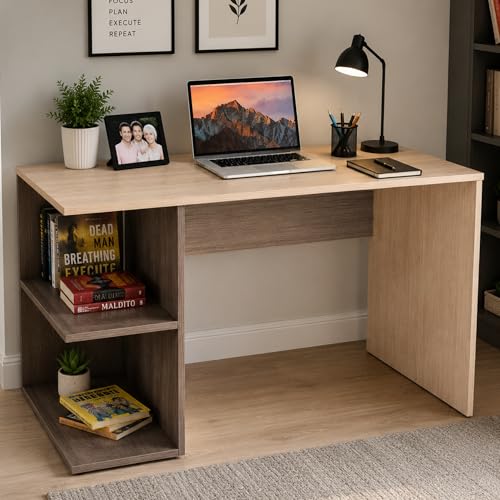 Image of ZEPO MART Study Table with Storage Shelves | Wooden Laptop Desk for Students & Work from Home | Modern Computer Office Table for Bedroom, Hostel & Small Spaces 122x62x30 cm