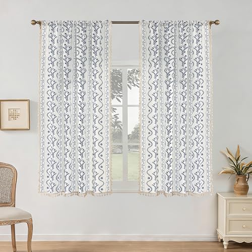 Image of Boho Curtains 63 Inch Long for Living Room, Bedroom, 2 Panels Floral Farmhouse Vintage Tassel Semi Sheer Light Filtering Privacy Window Curtain Drapes with Rod Pocket, Navy