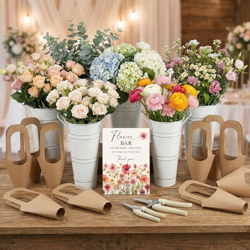 LEIFIDE Flower Bar Buckets Set Kit Bloom Bar Supplies Include Wood Sign Gift Bags Iron Bucket Garden Flower Shears for Wedding Bridal Shower Graduation Birthday Table Centerpieces(39 Pcs White)