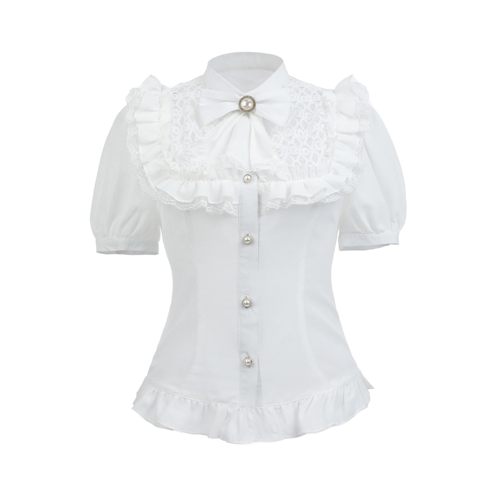 Fiamll Camicetta da donna vittoriana vintage con fiocco, colletto alto con volant a maniche lunghe, Bianco #4.