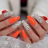 CoolNail Bright Neon Orange Press on False Nails 3D Diamond Extra Long Coffin Ballerina UV Fingersnails Free Adhesive Tapes