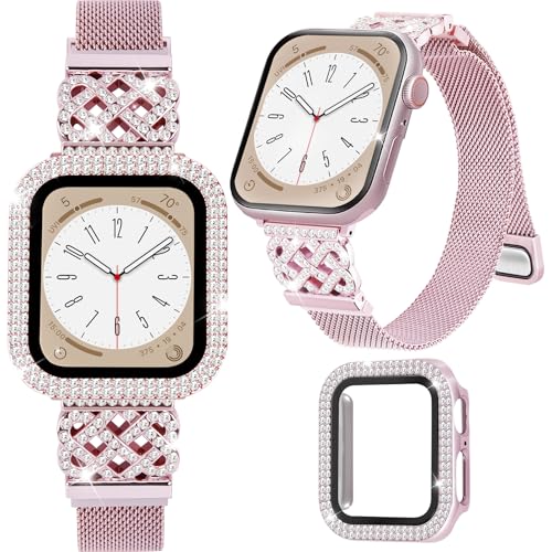 Bracelet en métal pour Apple Watch : élégance en acier et boîtier strass brillant pour femme