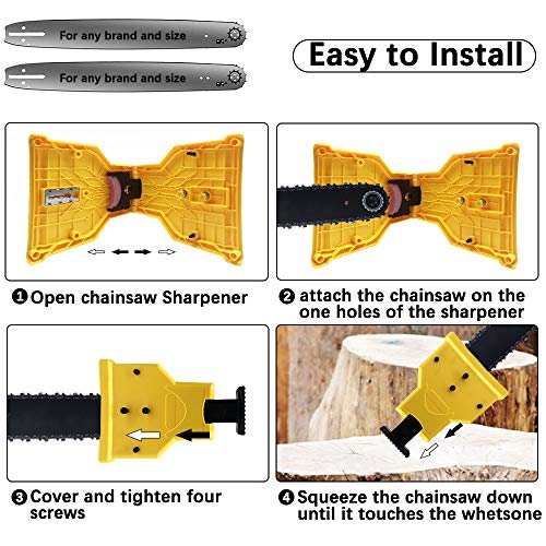 XBUTY Chainsaw Sharpener, The Second Generation New Portable Chain Saw Blade Teeth Sharpener with 4 Pcs Fast-Sharpening Stone Grinder Tools for 14/16/18/20 Inch One/Two/Nonporous Holes (Yellow)