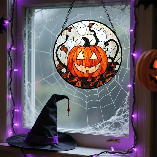 Image of Stained Glass Window Hanging - Halloween Decorations Pumpkin Ghost Suncatcher for Doors Garden Indoor Spooky Funny Orange Sun Catchers Gothic Decor Horror Gifts for Women Men Friend 9.8 in