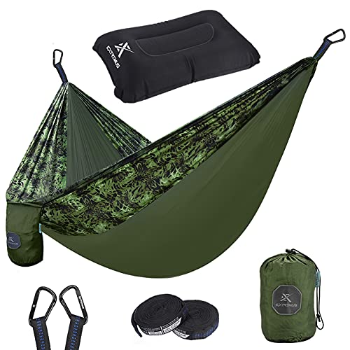 Extremus Camping Hammock: Single or Double Body Sling, Lightweight and Durable High Tenacity Parachute Nylon, Includes 2-10ft Tree Straps