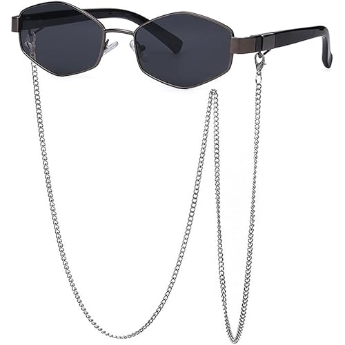FBHLZ Women Hexagon Sunglasses with Chain Vintage Metal sunglasses Women Polarized Sunglasses UV400 Protection