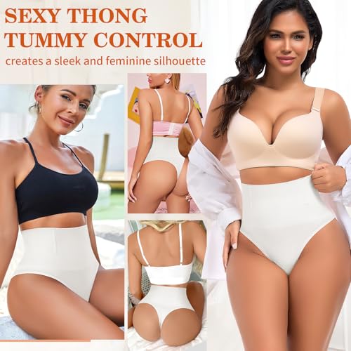 Image of Werena Thong Shapewear for Women Tummy Control Seamless High Waist Body Shaper Underwear Shaping Panties(#244 Mid-waist White, Large)
