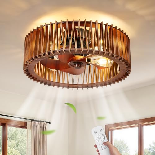Image of 20 inch Flush Mount Caged Ceiling Fan with Light, Farmhouse Low Profile Ceiling Fan with Remote, Wooden Fandelier 6 Speed Quiet DC Motor, Reversible Chandelier Ceiling Fan for Bedroom Kitchen Living Room