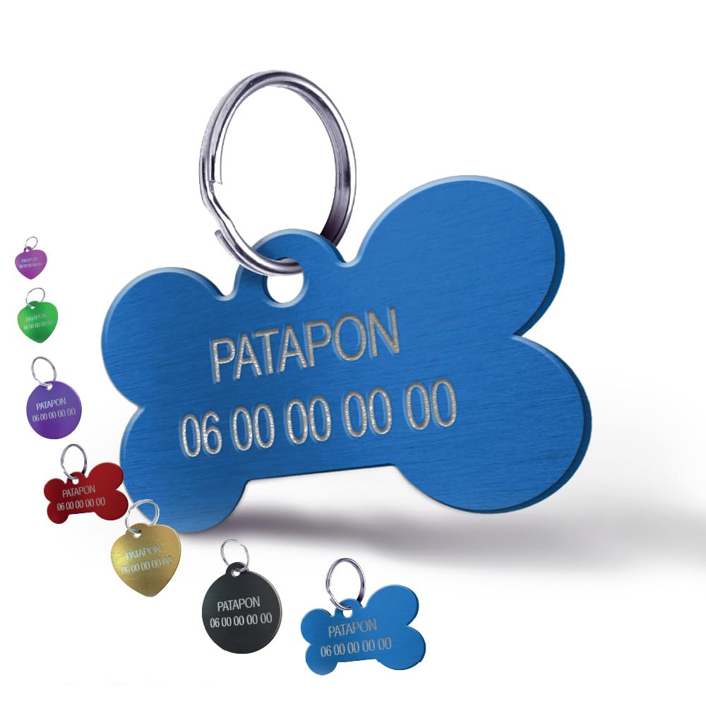 Médaille Gravée pour Chien et Chat – Médaillon d’Identification Personnalisé 3 Lignes En Aluminium Anodisé – Gravure Recto Verso avec Nom & Numéro (Grand Os-40 mm, Bleu)