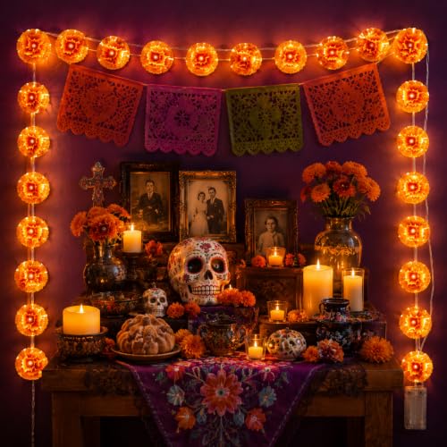 Julyxi 3 Pack Day of The Dead Marigold Garland with LED Lights for Diwali Dia de Los Muertos Ofrenda Decorations Orange Garland Battery Operated for Fall Halloween Decor