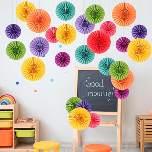 Image of 18 Pcs Rainbow Hanging Paper Fans Decor Back to School Paper Fans Round Paper Garlands Bulletin Board Classroom Decorations for Party Supplies Classroom Decor