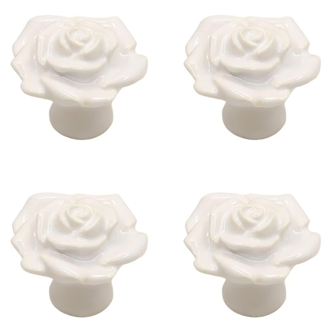 Boutons d'armoire en céramique fleur Rose blanche, lot de 4 poignées commode