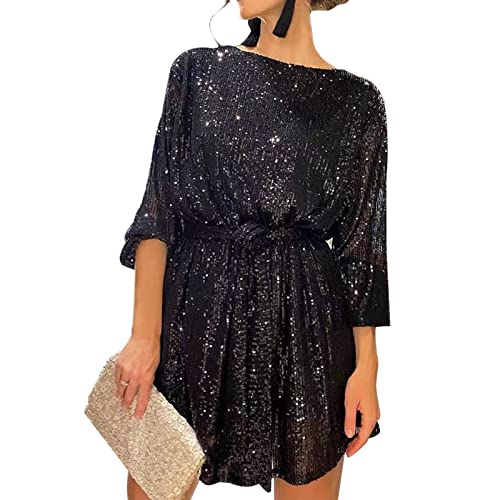 Geagodelia Festkleid für Damen, elegant mit Pailletten, Abendkleid, elegant, langärmlig, mit Gürtel, Schwarz , L