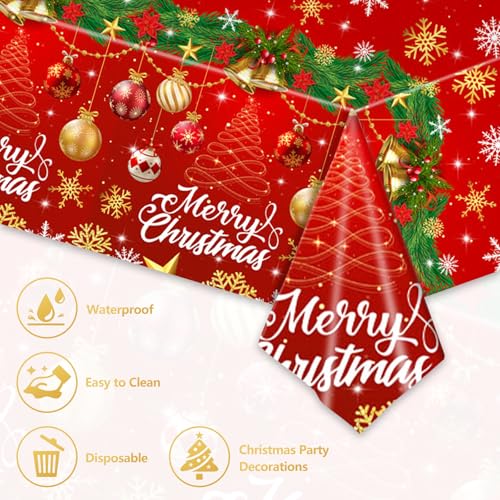 Merry Christmas Tablecloth, 2 Pack Plastic Red Disposable Rectangle Santa Claus Snowman Xmas Table Cloth Cover for Winter Christmas Party Decorations, 54 x 108 Inch – Image 5