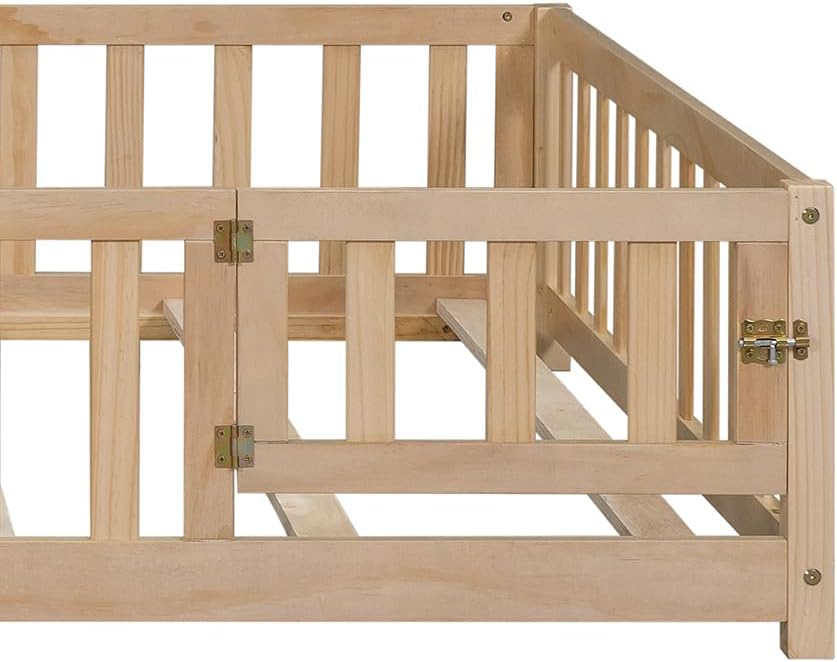 Full Size Floor Platform Bed with Fence and Door for Boys Girls Bedroom Furniture, Wooden Floor Bed Frame with Support Slats No Box Spring Needed Natural