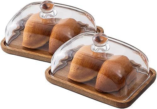 Miniatura 9 de Paquete de 2 soportes de madera para pasteles con cúpula de vidrio, soporte pequeño para pasteles de 6.1 pulgadas con tapa, bandeja de servidor