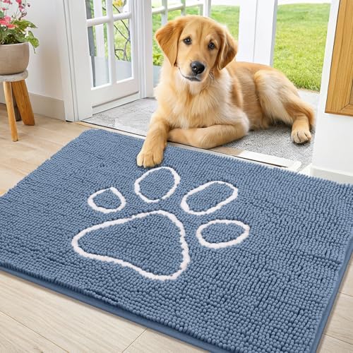 Image of Smiry Dog Door Mat for Muddy Paws, Absorbent Dirt Trapper Non Slip Quick Dry Washable Chenille Mat for Mud Dogs, Entry Rug for Indoor and Outdoor (36x24 Inches, Airy Blue and White)