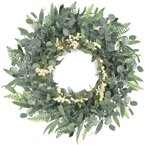 Eucalyptus Wreath, 21 Inch Artificial Wreaths for Front Door with Berries & Green Eucalyptus, Spring Summer All Season Greenery Wreath for Easter Farmhouse Window Porch Wall Home Indoor Outdoor Decor